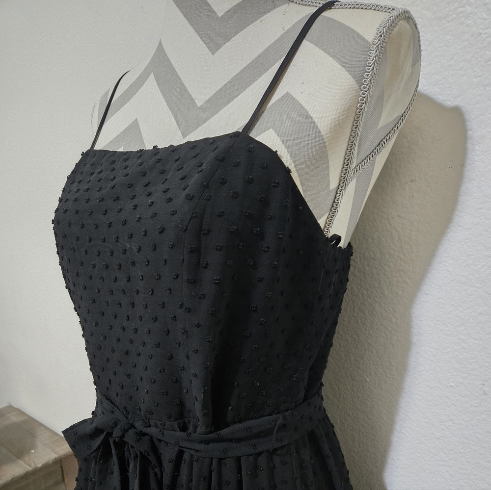 AQUA Black Midi Dress Swiss Dot Lace Inset Handkerchief Hem Tie Waist Small - Picture 7 of 15